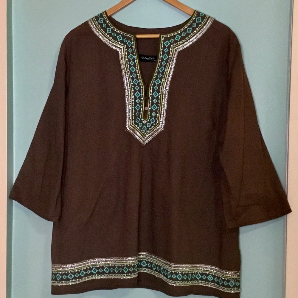 United Too Embroidered Boho Tunic Top Women’s Size 2X Brown 3/4 Sleeve V Neck